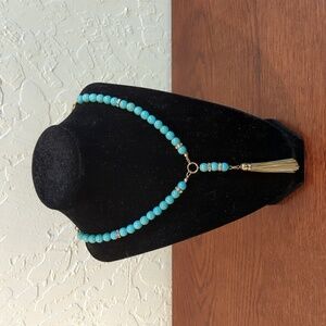 Charming Charlie Long 18-Inch Turquoise  Gold Tone Tassel Fringe Necklace